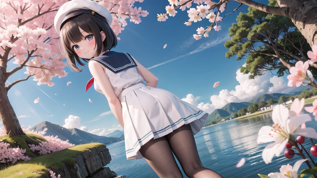 (masterpiece), Outdoor, cherry blossoms, petal, sunlight, lake, One Girl, blush, smile, Medium Hair, Sailor suit,Long skirt, Overgrown, petal, plant、Skirt lining、White slip、nostalgic、pantyhose(gray)、You can see the sea in the distance, Crotch close-up