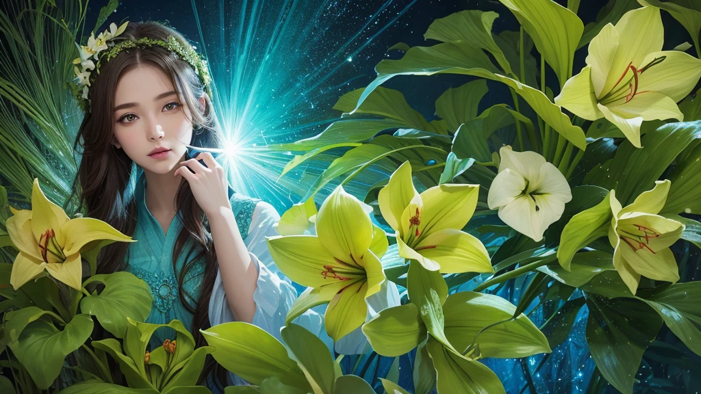 32k, Masterpiece, Highest quality, One girl, Brown Hair, Detailed eyes, flower,Amaryllis, Blue and green style,A dreamy, romantic piece,Pale yellow, Mysterious Leaves,A playful arrangement,Fantasy,High Contrast,Ink strokes,explosion,Exposure, Impression of blue and green tones,Abstract, Brush strokes,Negative Space, Tyndall effect