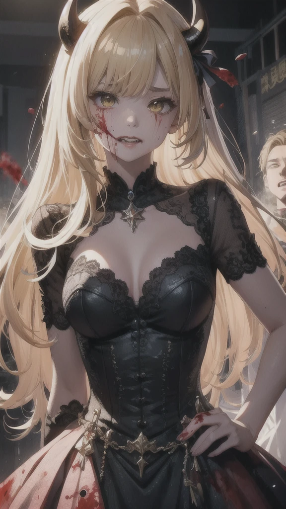 Delicate features,disaster々new devil horns,Frowning, 狂気の笑face, 最上級の笑face, Eyelids very wide open, Crazy Smile, mouth very wide open, Mouth open and teeth bared, wide lips, Very wide mouth, Frowning, Vermilion-tinted cheeks, Blonde Hair, Princess Cut, Ribbon hair ornament, brooch, Shiny candy blue dress, Gold embroidery,ta Style, Gothic style, Facing the audience, Otaku Room, Well-built body, Nice body, Ample breasts, Fleshy body,With eyes wide open、Scary atmosphere、Distorted facial expressions、ねじれた笑face、Bloody、Bleeding from the head、Blood splatter、whole body、Long Hair、Long bangs、(((Dark circles under the eyes)))、Pale skin、Feeling unwell、Pathological、邪悪な笑face、Crazy Eyes、(Grin)Dramatic makeup,Create mixed media art、Full body depiction on screen,whole body図,Well-built,Nice body,Shoulders wider,focus on,(face),Messy Hair,Yellow Eyes,(Glowing Eyes),(Blood splatter:1.6),Red light,笑face,big 笑face,tooth,psycho 笑face,gesugao,Dark city background,darkness,night,(close),Good Eyes, good teeth,サディスティックな笑face,,all,Shiny skin,詳細なface,Beautiful body,アwhole body油まみれで光沢感がある whole bodyから湯気が出ている Steam like a sauna room fills the entire screen. White breath from the mouth