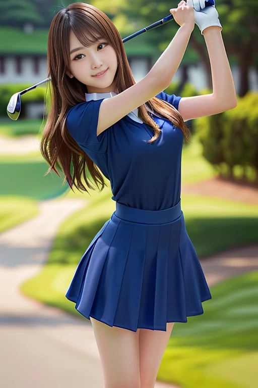 Photo-realistic quality、A 20-year-old Japanese idol playing golf in white golf wear and a navy blue skirt, girl weaまたg uniform,Photo of slim girl model, Japanese Model, Dressed in white, weaまたg black vest and skirt, Japanese Girls , Professional sports style, mini skirt, looking at the camera、Detailed and beautiful eyes、Cute smile、A soft and gentle look