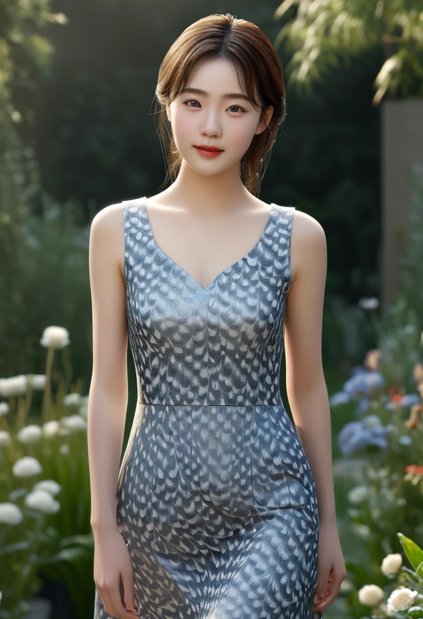 1 woman, (Wearing sleeveless luxury quality dress:1.6),(raw photo, best quality), (realistic, photo-realistic:1.4), masterpiece, very delicate and beautiful, very detailed, 2k wallpaper, amazing, in detail, very detailed CG unity 8k wallpaper, very detailed, mackerel, soft light, beautiful and detailed girl, very detailed eyes and face, beautiful and delicate nose, beautiful detailed eyes,cinematic lighting,(in the garden:1.6),complete anatomy,slim body,(laugh:1.4),(young girl:1.4),(cowboy shot:1.6),(look at the viewer:1.4),(front view:2.0),cinematic angle,Inspired by Son Ye-jin,standing,(split:0.8), Short hair