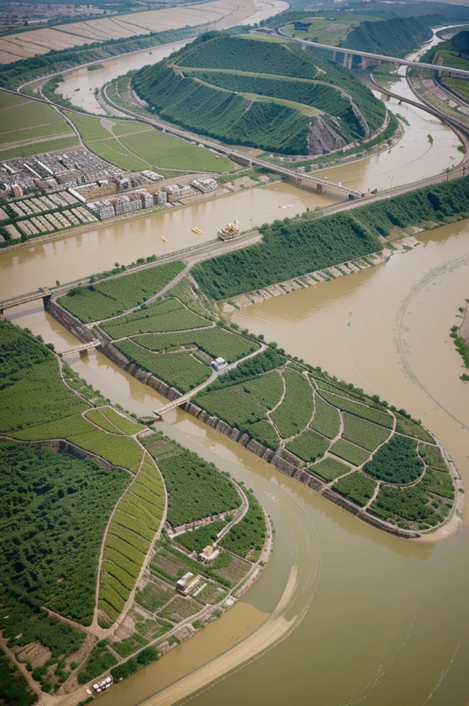 Photo-realistic aerial view of the Huang He (Yellow River) and Yangtze River, with farmers working on fertile riverbanks, ancient villages dotting the landscape, and boats navigating the waters.