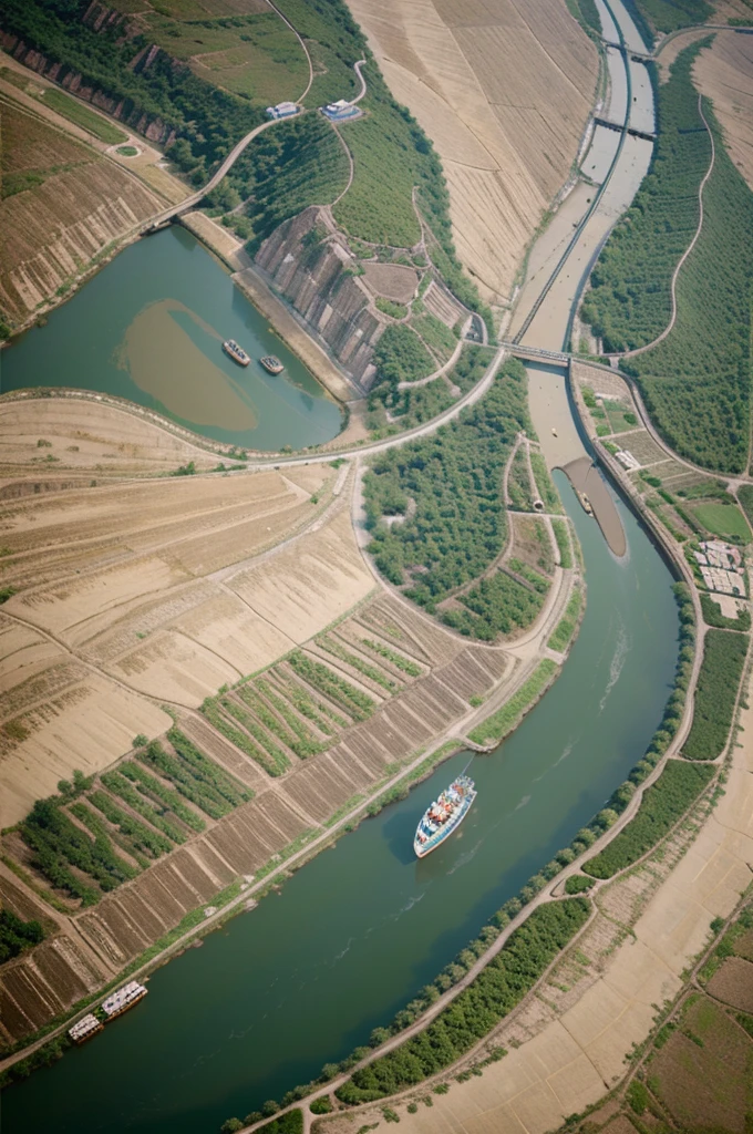 Photo-realistic aerial view of the Huang He (Yellow River) and Yangtze River, with farmers working on fertile riverbanks, ancient villages dotting the landscape, and boats navigating the waters.