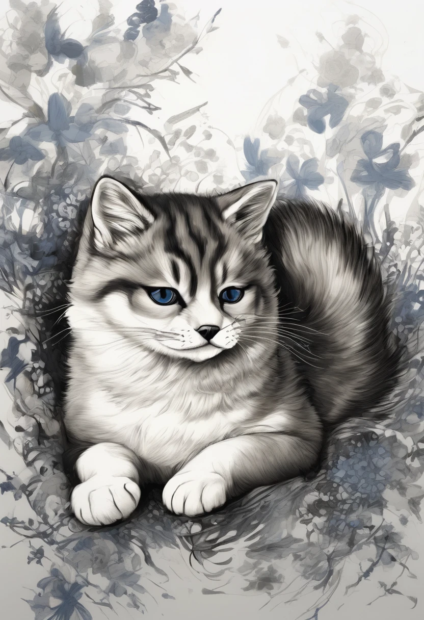"Dynamic ink brushstroke style, black and white only: illustration by a professional illustrator, featuring a cute cat or Persian Cat, action shot, high detail, white background, sharp focus, full body, masterpiece, highly detailed, high quality, artistic sumi ink painting, Japanese style, icon, single animal. Please include a circular motif for an icon design. A sleeping Shiba Inu with very realistic fur depiction, surreal expression, artistic circular motif for an icon design. Features detailed whiskers, blue eyes, cheek whiskers, Japanese dog, Japanese-style design."