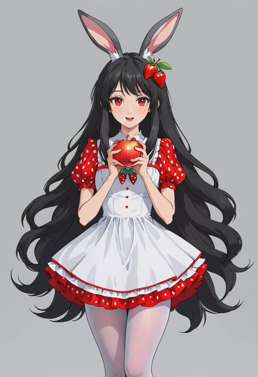 1girl,animal ears,apple,black hair,cherry,dress,food,fruit,gradient,gradient background,grey background,holding food,holding fruit,long hair,hose,rabbit ears,red apple,solo,strawberry,very long hair,white legwear