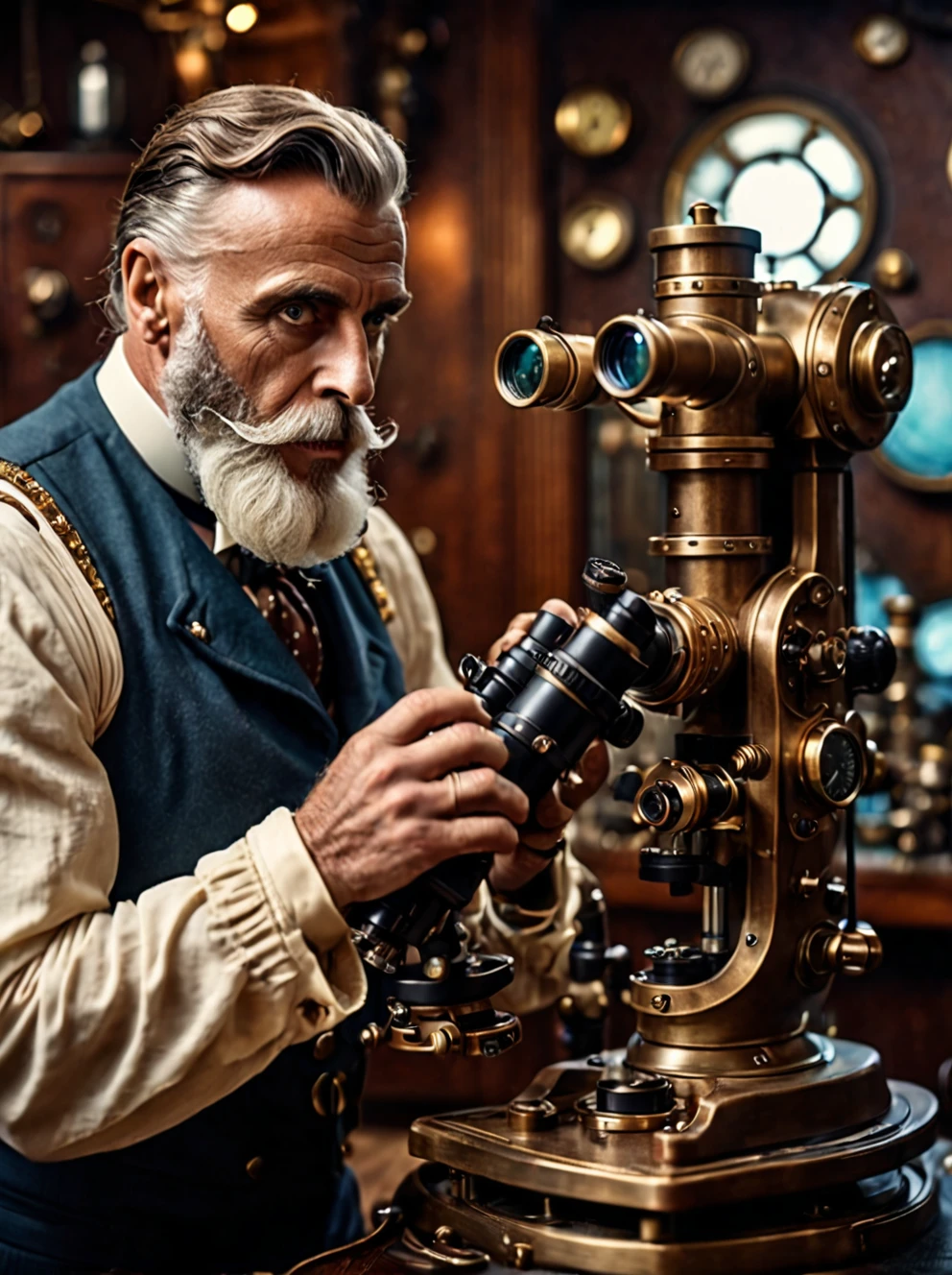 photo focus on male focus, indoors, realistic scenery, (captain nemo:1.1), retro-futuristic, microscope,  using a microscope,  steampunk nautilus-style. very wide shot, character photo portrait, film, professional, 4k
