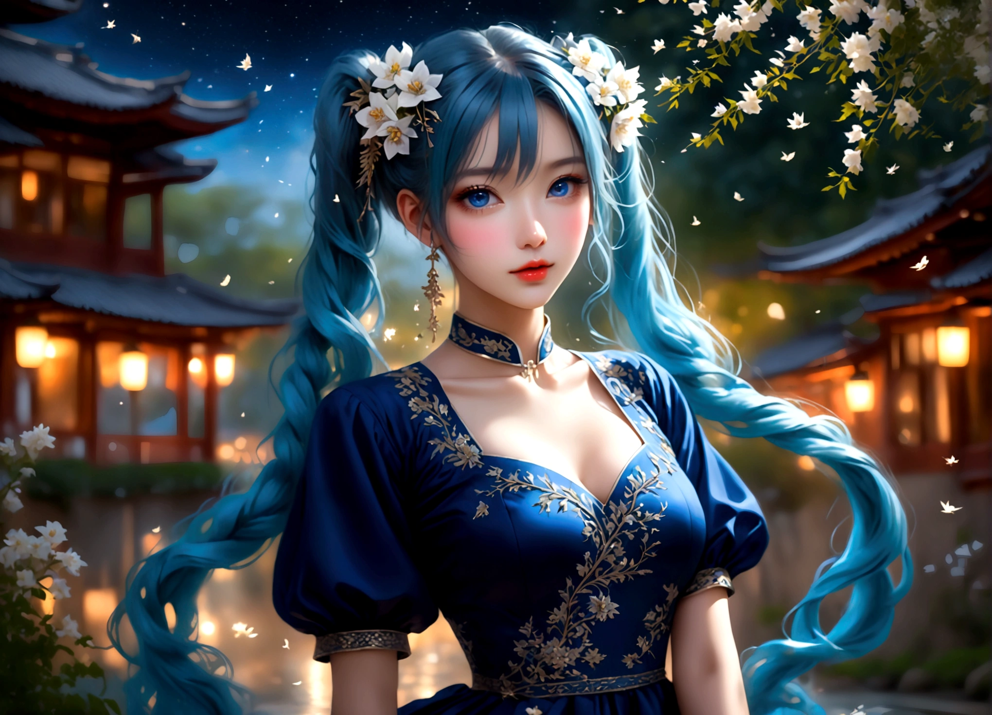 She was wearing a wide-sleeved, double-breasted shirt,White flowers embroidered on the dress,It's like a star in the night sky,There is a blue ribbon tied around the waist,It contrasts sharply with her clothes.,Eye-catching。Her twin ponytails flow like a waterfall,Gently fluttering in the breeze。Her blue eyes are deep and bright,Like the brightest star in the night sky,Reveals a fascinating sense of mystery。Her red lips are so beautiful,It's like a blooming flower,People can't help but want to kiss Fangze。Her face is beautiful,With a faint smile,Gives people a feeling of warmth。 a giant tree, giant tree,(masterpiece:1.2,best quality),(depth of field:1.6),(real picture intricate details),looking at viewer,standing,Portrait Of Stunningly Beautiful Girl,1girl,独奏,(big eyes), Ice Blue hair,short_twintails_Bunches, blue Lace dress,Her temperament is noble and elegant,As if he were a nobleman from a noble family.。Confidence and calm attitude give people an invisible charm。Her figure is slim and graceful,Like a carefully carved work of art。Light and smooth movements,Like a dancer in a dance,Every movement is full of life force and beauty.。