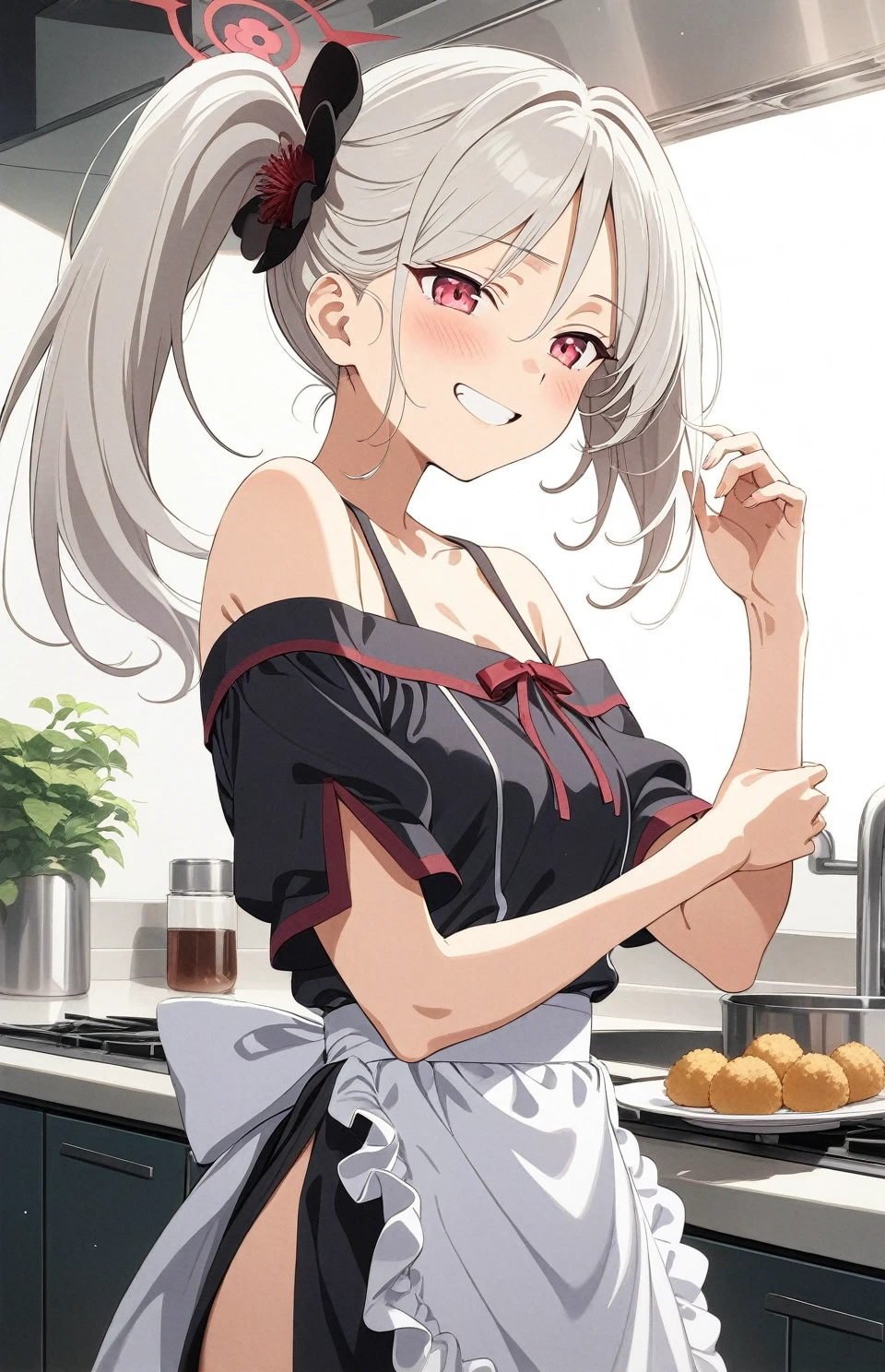 best quality, amazing quality, very aesthetic, absurdres, (1girl, mutsuki, blue archive, solo, red eyes, white hair, side ponytail), (realistic face:0.7),(off-shoulder dress:1.8),dress lift, (grin, blush, thigh:1.3), (cowboy shot), (glowing eyes:1.1), (half closed eyes:0.9), (from side:2),(), (kitchen), expressive eyes, perfect face, 4k, extremely detailed anime illustration, extremely detailed eyes, perfect anatomy, light rays, extremely delicate body, smooth skin, (school background:1.5), clear eyes, beautiful face, small breasts,(anime style:1.5), (Chiaroscuro:1.5), (highres:2), In the kitchen, brightly lit by the morning sun, a woman in a white apron is smiling at us. In her right hand is a handful of rice balls, and in her left is a small white plate filled with salt. Her smile is as if she is saying, "Look, it's almost ready.
