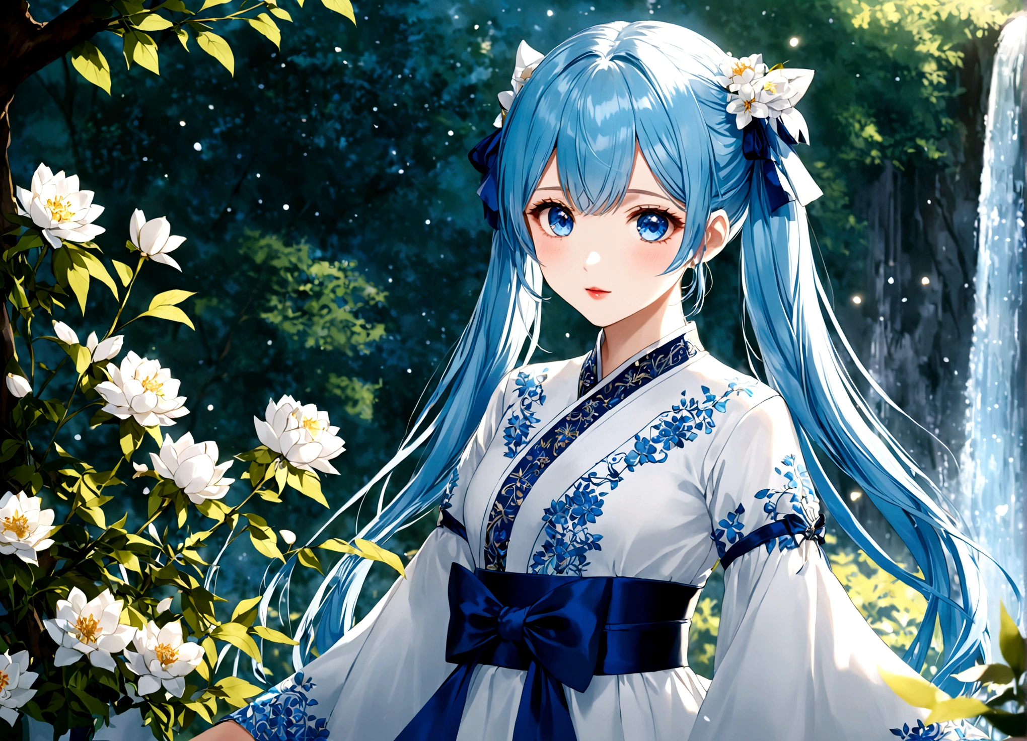 She was wearing a wide-sleeved, double-breasted shirt，White flowers embroidered on the dress，It's like a star in the night sky，There is a blue ribbon tied around the waist，It contrasts sharply with her clothes.，Eye-catching。Her twin ponytails flow like a waterfall，Gently fluttering in the breeze。Her blue eyes are deep and bright，Like the brightest star in the night sky，Reveals a fascinating sense of mystery。Her red lips are so beautiful，It's like a blooming flower，People can't help but want to kiss Fangze。Her face is beautiful，With a faint smile，Gives people a feeling of warmth。 a giant tree, giant tree,(masterpiece:1.2,best quality),(depth of field:1.6),(real picture intricate details),looking at viewer,standing,Portrait Of Stunningly Beautiful Girl,1girl,独奏,(big eyes), Ice Blue hair,short_twintails_Bunches, blue Lace dress,Her temperament is noble and elegant，As if he were a nobleman from a noble family.。Confidence and calm attitude give people an invisible charm。Her figure is slim and graceful，Like a carefully carved work of art。Light and smooth movements，Like a dancer in a dance，Every movement is full of life force and beauty.。