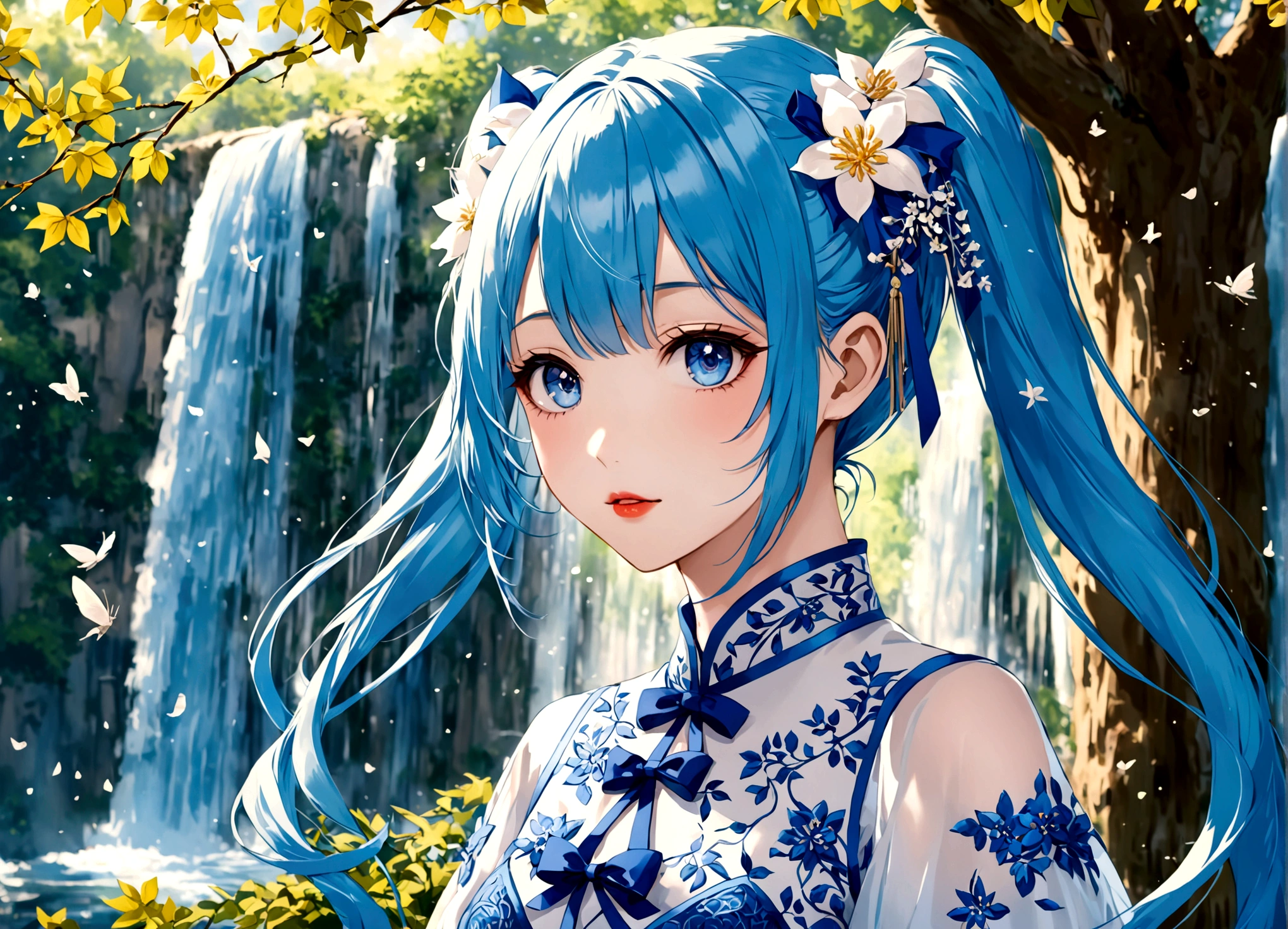 She was wearing a wide-sleeved, double-breasted shirt，White flowers embroidered on the dress，It's like a star in the night sky，There is a blue ribbon tied around the waist，It contrasts sharply with her clothes.，Eye-catching。Her twin ponytails flow like a waterfall，Gently fluttering in the breeze。Her blue eyes are deep and bright，Like the brightest star in the night sky，Reveals a fascinating sense of mystery。Her red lips are so beautiful，It's like a blooming flower，People can't help but want to kiss Fangze。Her face is beautiful，With a faint smile，Gives people a feeling of warmth。 a giant tree, giant tree,(masterpiece:1.2,best quality),(depth of field:1.6),(real picture intricate details),looking at viewer,standing,Portrait Of Stunningly Beautiful Girl,1girl,独奏,(big eyes), Ice Blue hair,short_twintails_Bunches, blue Lace dress,Her temperament is noble and elegant，As if he were a nobleman from a noble family.。Confidence and calm attitude give people an invisible charm。Her figure is slim and graceful，Like a carefully carved work of art。Light and smooth movements，Like a dancer in a dance，Every movement is full of life force and beauty.。