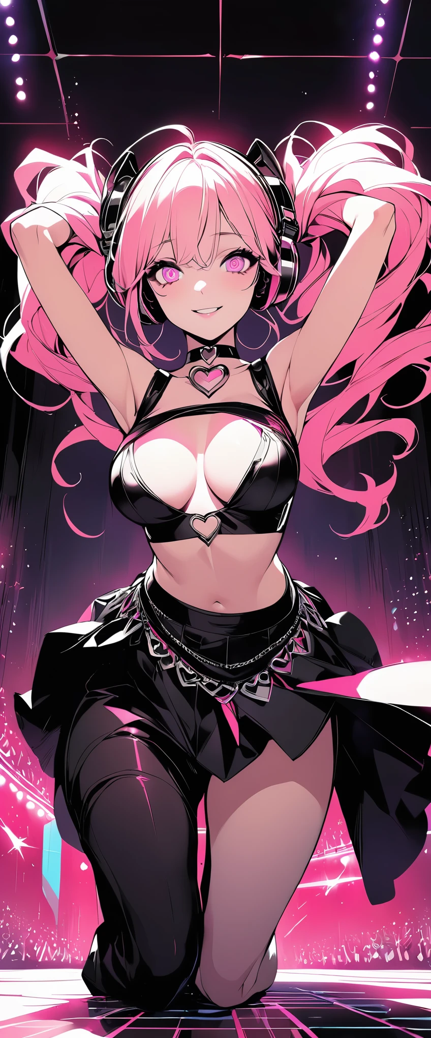 (Highest quality:1.24, Very detailed, Delicate and beautiful CG art, Detailed illustrations, High Contrast, masterpiece:1.2, Highest quality, Best aesthetics), woman, Pink long hair, Twin tails, Beautiful breasts, dancer, (Pink fine eyes, Beautiful Eyes), crazy smile, Light background , Heart-shaped choker, (Pop Art), colorful, Shining Eyes, Hip Hop Costumes, Cropped tops, mini skirt, Headphones, look up, Hip Hop Style, Dance Floor.
