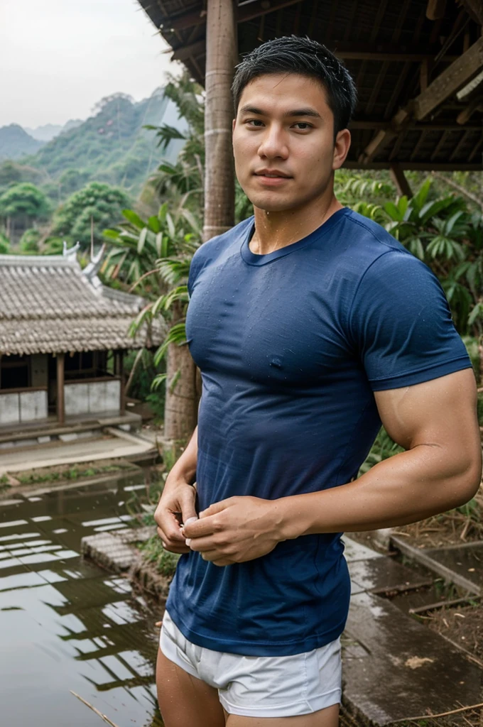 独奏 , 1 person , Image of a handsome Asian rugby player, short hair, no beard, muscular, big muscles, wearing a navy blue round neck t-shirt, wet, outdoors, rice field, countryside, hut, Thailand, Laos, Burma, Asia.