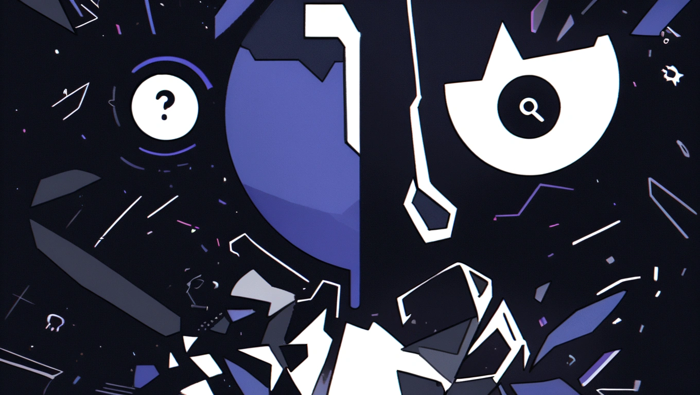 dark blue and other contrast color hero page ui ux theme website, contrast colors (mostly dark blue) theme, question mark robotic black and white silhouette