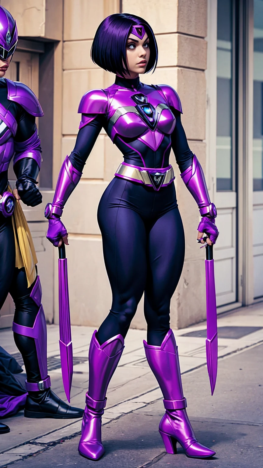 Raven from teen titans as a power ranger, power ranger costume, holding power rangers helmet, short hair, hair tips purple, power rangers themed costume, power rangers,  mighty morphin' power rangers costume