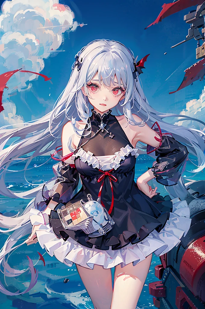 Silver-haired, red-eyed girl、Vampire、Wavy long hair、Ocean、blue sky、float ringに入っている、A sweet tsundere girl、White swimsuit、Decorations and accessories、