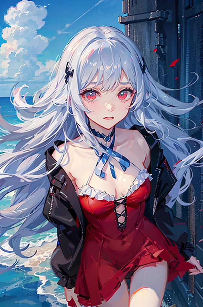 Silver-haired, red-eyed girl、Vampire、Wavy long hair、Ocean、blue sky、float ringに入っている、A sweet tsundere girl、White swimsuit、Decorations and accessories、