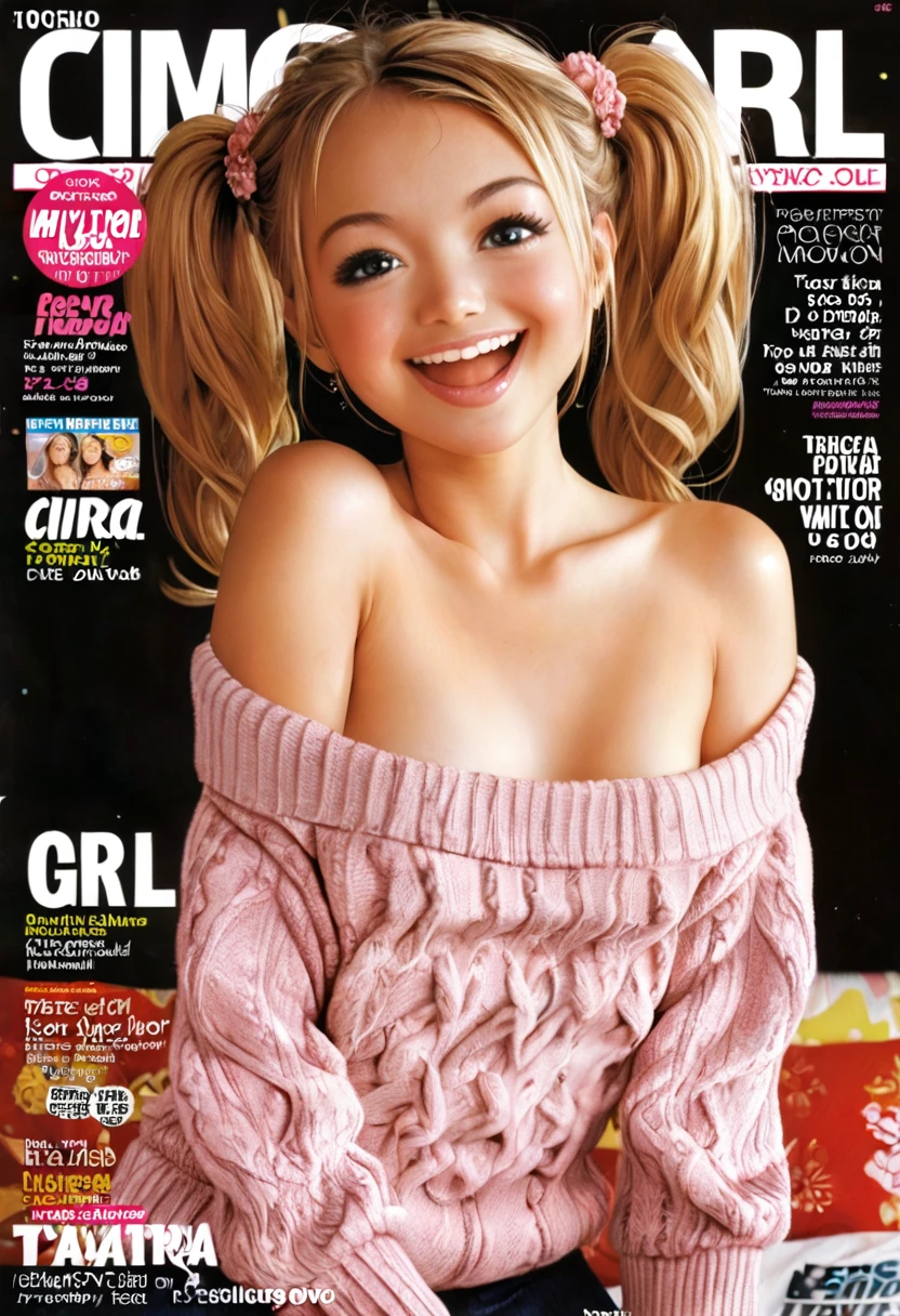 Magazine cover,Twin Tails,Beautiful little girl(Wear an off-shoulder sweater),,(Smooth skin),E7E48U，happy，Small Breasts