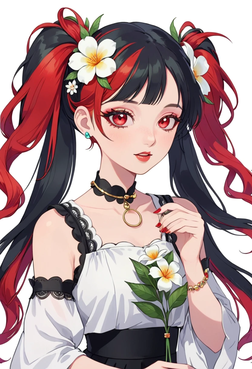 1girl,black hair,flower,hair flower,hair ornament,jewelry,multicolored hair,red hair,solo,twintails,white flower