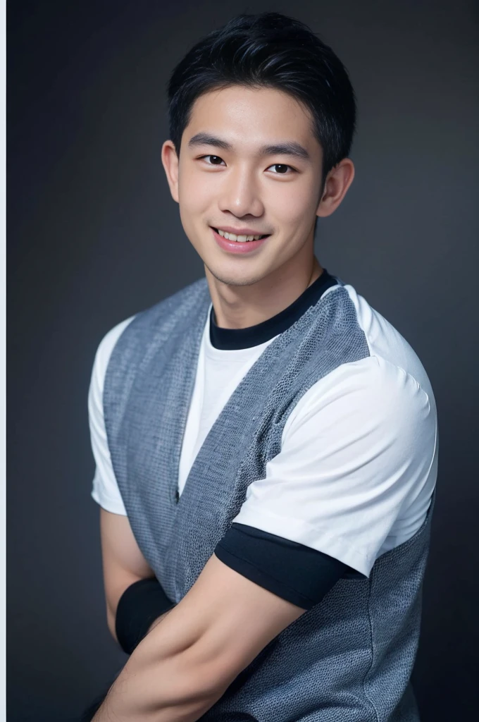 ((Highest quality, 8K, Masterpiece: 1.3))、Thailand Laos Burma Asia, Thai man, A handsome Asian rugby player with short hair, a muscular beard, and big muscles., 1A man who has、 yo、Good appearance、Beautiful nose、smile、 Detailed eyes and face、beautiful light、(studio)、high resolution、(Look at the viewer.)、Fine mouth、smile、whole body: 1.5, perfect shape: 1.3, Picture of both shoulders:1.3, Navy blue round neck t-shirt:1.5
