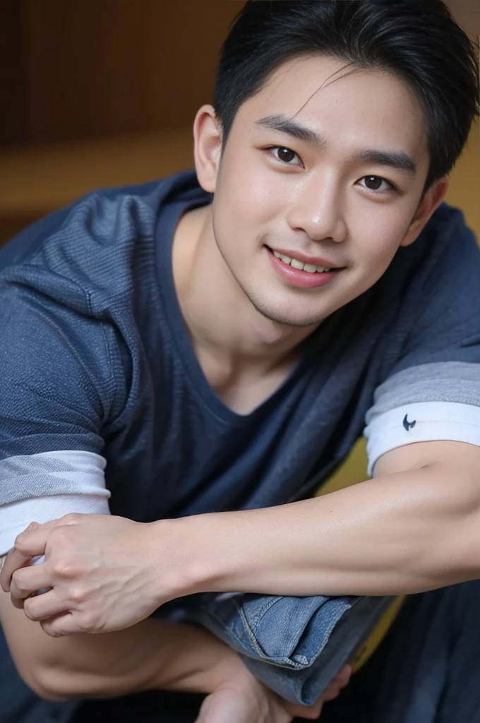 ((Highest quality, 8K, Masterpiece: 1.3))、Thailand Laos Burma Asia, Thai man, A handsome Asian rugby player with short hair, a muscular beard, and big muscles., 1A man who has、 yo、Good appearance、Beautiful nose、smile、 Detailed eyes and face、beautiful light、(studio)、high resolution、(Look at the viewer.)、Fine mouth、smile、whole body: 1.5, perfect shape: 1.3, Picture of both shoulders:1.3, Navy blue round neck t-shirt:1.5