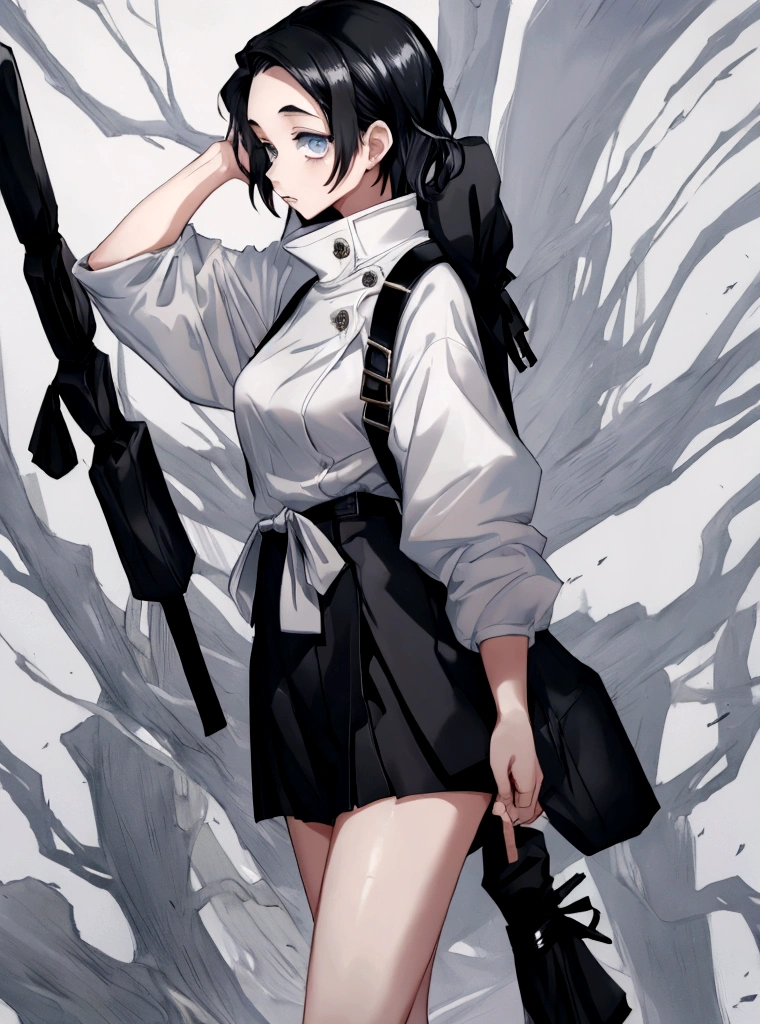 1 girl,tall,short black hair,blue eyes,black jacket,white shirt,black skirt,sword,vissible legs,huge 