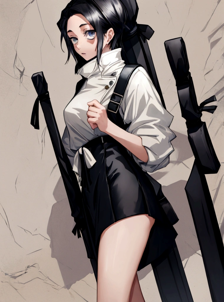 1 girl,tall,short black hair,blue eyes,black jacket,white shirt,black skirt,sword,vissible legs,huge 