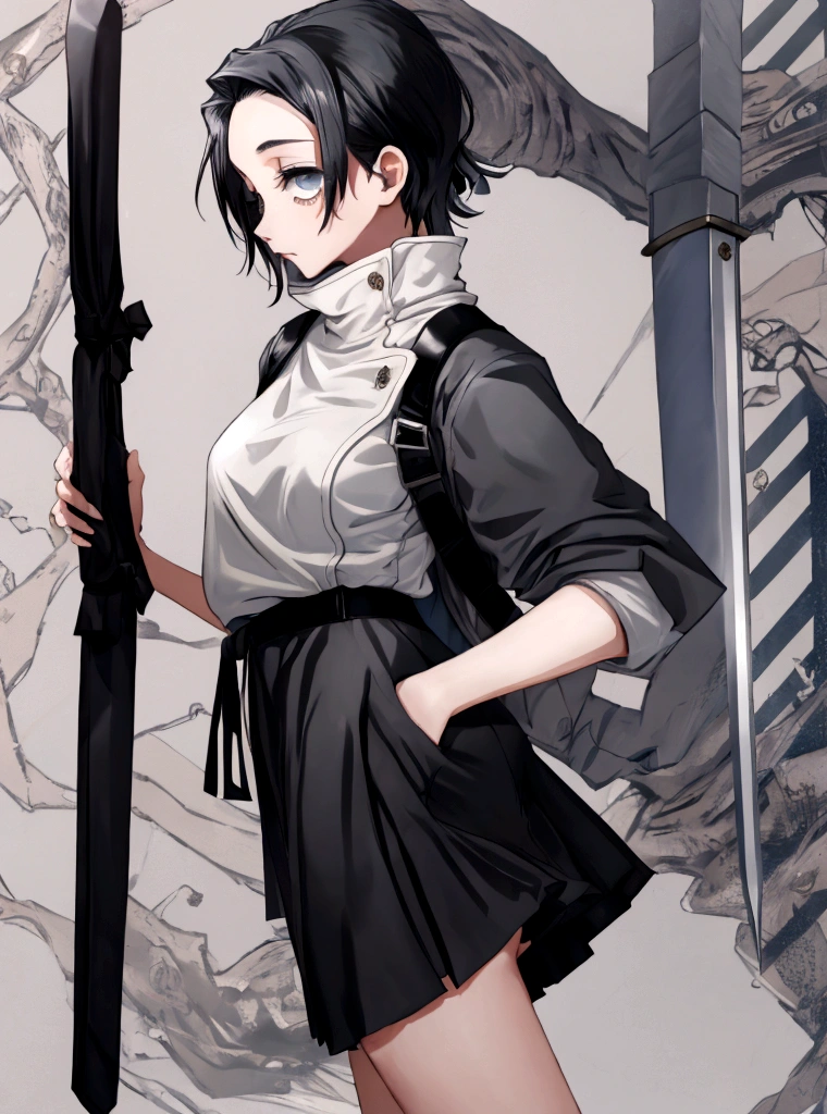 1 girl,tall,short black hair,blue eyes,black jacket,white shirt,black skirt,sword,vissible legs,huge 