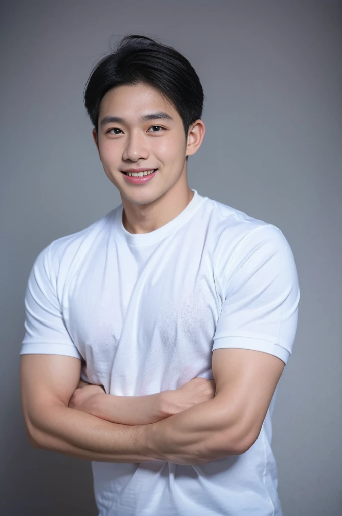 ((Highest quality, 8K, Masterpiece: 1.3))、Thailand Laos Burma Asia, Thai man, A handsome Asian rugby player with short hair, a muscular beard, and big muscles., 1A man who has、 yo、Good appearance、Beautiful nose、smile、 Detailed eyes and face、beautiful light、(studio)、high resolution、(Look at the viewer.)、Fine mouth、smile、whole body: 1.5, perfect shape: 1.3, Picture of both shoulders:1.3, Navy blue round neck t-shirt:1.5