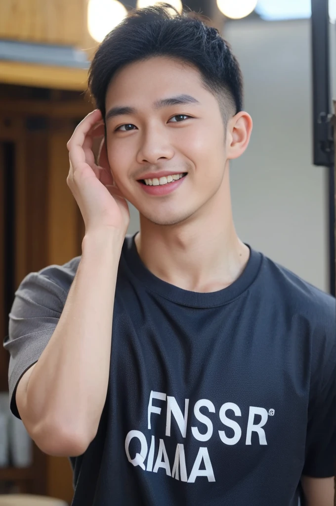 ((Highest quality, 8K, Masterpiece: 1.3))、Thailand Laos Burma Asia, Thai man, A handsome Asian rugby player with short hair, a muscular beard, and big muscles., 1A man who has、 yo、Good appearance、Beautiful nose、smile、 Detailed eyes and face、beautiful light、(studio)、high resolution、(Look at the viewer.)、Fine mouth、smile、whole body: 1.5, perfect shape: 1.3, Picture of both shoulders:1.3, Navy blue round neck t-shirt:1.5