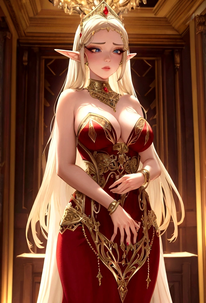 A noble half-elf girl, beautiful detailed eyes, beautiful detailed lips, extremely detailed face, long eyelashes, elegant red blood dress, luxurious jewelry, graceful posture, magical aura, ornate ballroom, crystal chandeliers, lavish decor, (best quality,4k,8k,highres,masterpiece:1.2),ultra-detailed),digital painting, cinematic lighting, dramatic shadows, warm color palette