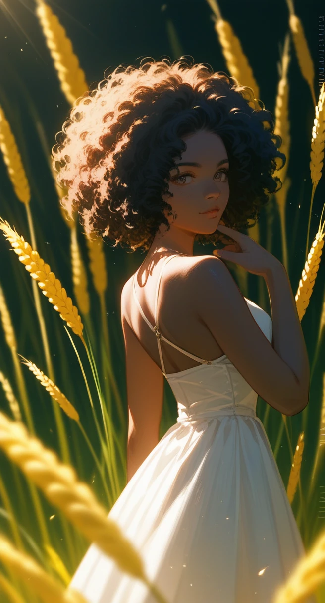 anime close shot beautiful black skin girl with curly afro hair wearing a peasant dress, standing in a wheat field bathed in warm sunlight, detailed facial features, cinematic lighting, vibrant colors, intricate details, highly detailed, masterpiece, award winning digital art, luxurious fabrics, whimsical expression