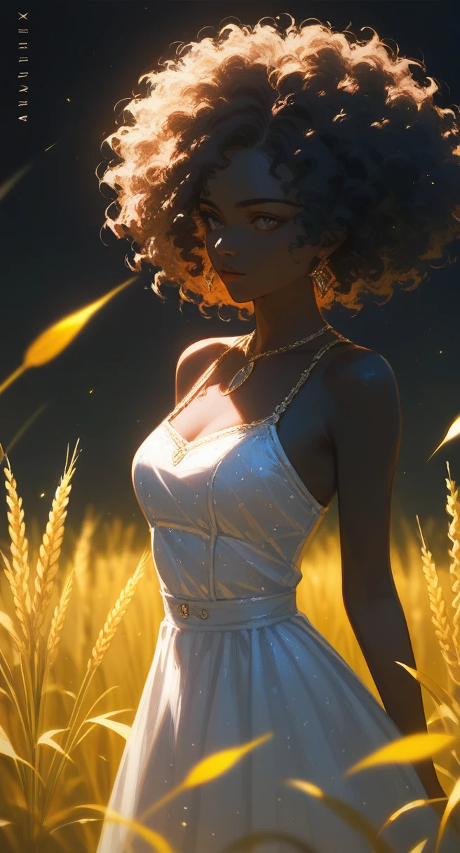 anime close shot beautiful black skin girl with curly afro hair wearing a peasant dress, standing in a wheat field bathed in warm sunlight, detailed facial features, cinematic lighting, vibrant colors, intricate details, highly detailed, masterpiece, award winning digital art, luxurious fabrics, whimsical expression