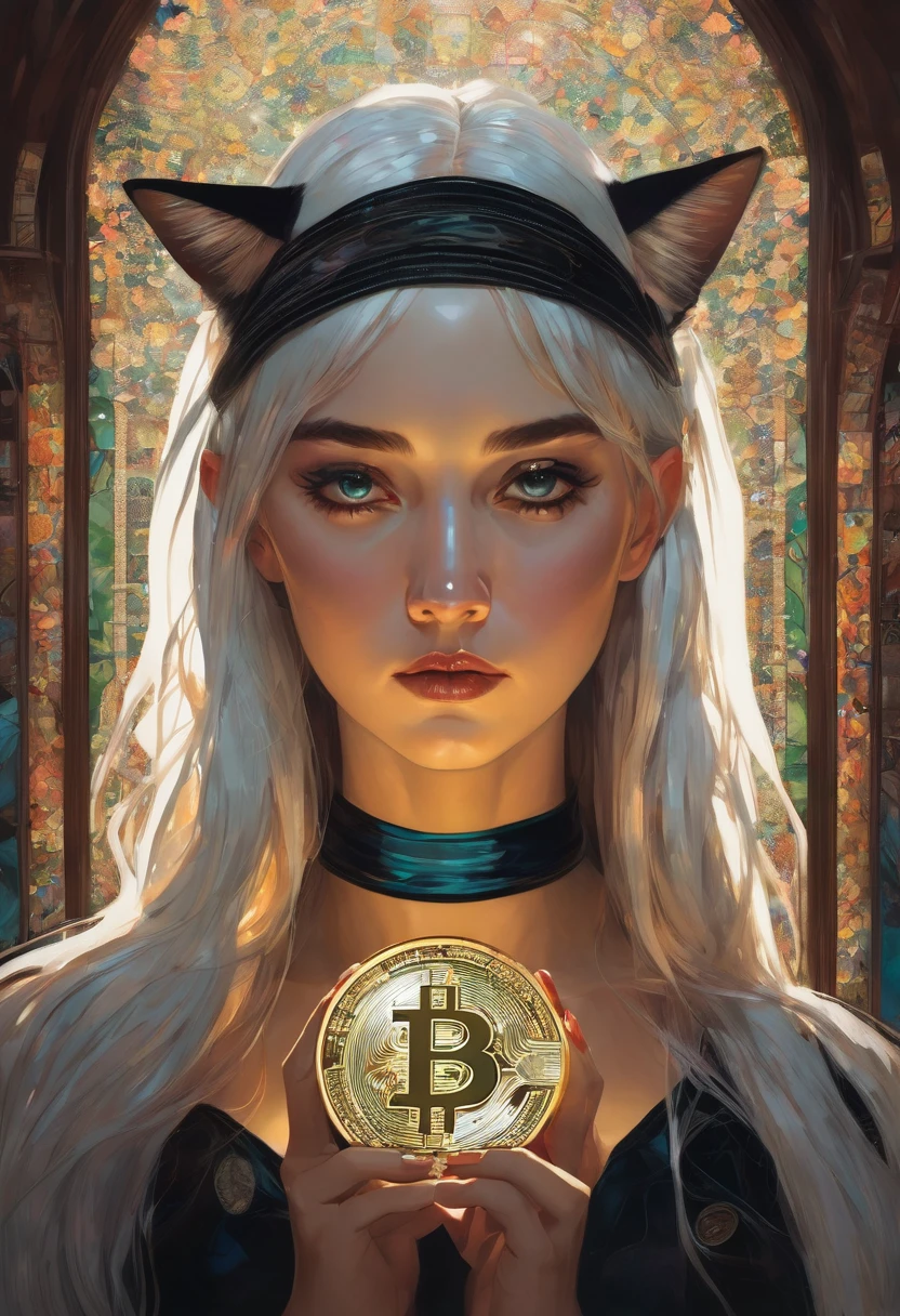 (front focus), (in the dark:1.6), Surrealistic Portraits of Women by David Hockney and Alphonse Mucha, fantasy art, Realistic photos, dynamic light, art station, poster, Volumetric light, Very detailed face, 4 ก, won, 1 girl, in the dark, deep shadow, low voice, Wear black cat ears., put on underwear, long hair, white hair, Have a bitcoin coin in hand, holding a large spoon