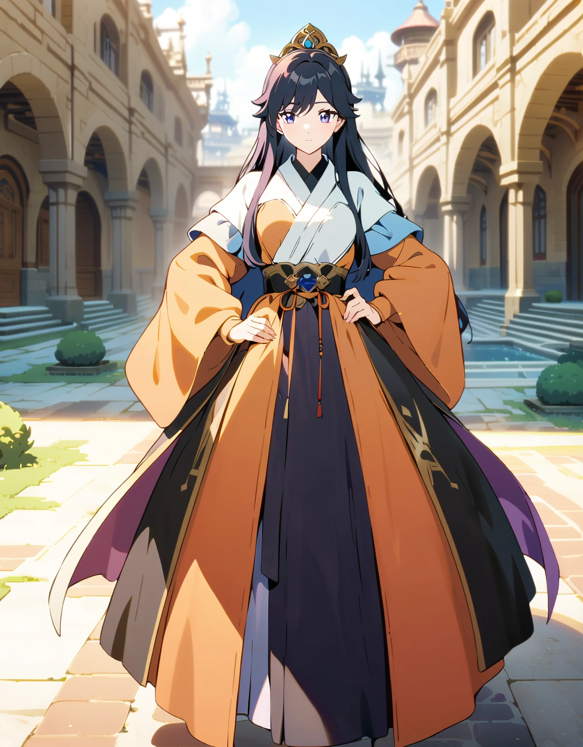 A cartoon character in an orange and black dress stands in a courtyard, Anime Moe Art Style, Flowing hair and long robes, Ayaka Genshin Impact, Roomy robes, palace , Girl in Hanfu, Official Art, wearing Roomy robes, Black-haired wizard, Fate-like anime style/Stay Night, ((wearing a noble robe)), Keqing of Genshin Impact