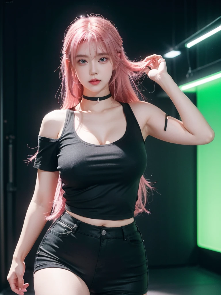 21yo girl,pink hair,long hair, wearing black t-shirt, green neon light,black background, natural big breast, show big thigh, plump body,single sidelock hairpin blush modern cinematic lighting,ray tracing,drop shadow wide shot UHD,textured skin,high details,best quality 4K