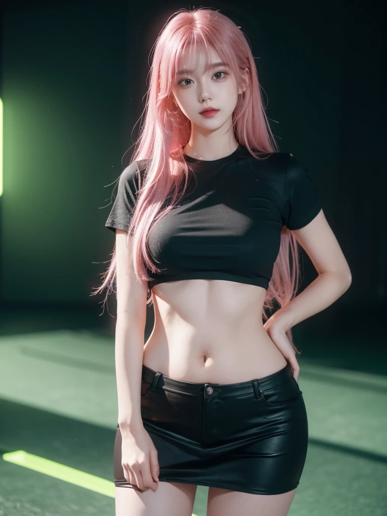 21yo girl,pink hair,long hair, wearing black t-shirt, green neon light,black background, natural big breast, show big thigh, plump body,single sidelock hairpin blush modern cinematic lighting,ray tracing,drop shadow wide shot UHD,textured skin,high details,best quality 4K