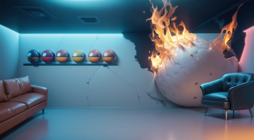 the image shows a room with no ceiling, a sofa and an armchair in the center of the room,with the colorful balls on shelves, the walls on the right side are destroyed and burning with fire, smooth 3d model, glossy plastic texture, multiple light sources, rim light, sharp post effects render, most beautiful vfx, , realistic, 4k, high resolution, rim light, smooth 3d model. , glossy texture, smooth 3d model, multiple light sources, rim light, sharp post effects render, (glossy plastic texture with multiple big light probe refractions), perfect cgi, reflective, best quality, 4k, masterpiece:1.2, ultra-detailed, realistic, vivid colors, The image of the highest quality, ensuring every detail showcased perfectly. It in 4k resolution, allowing viewers to immerse themselves in the richness of the colors and intricate details. The realistic rendering. under the spotlight, reflecting, high-resolution image, realistic rendering