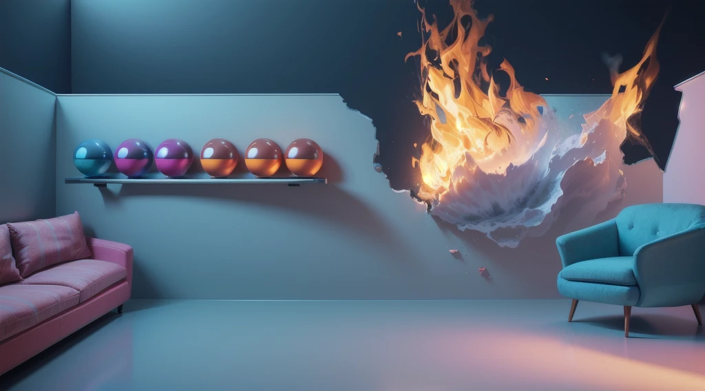  the image shows a room with no ceiling, a sofa and an armchair in the center of the room,with the colorful balls on shelves, the walls on the right side are destroyed and burning with fire, smooth 3d model, glossy plastic texture, multiple light sources, rim light, sharp post effects render, most beautiful vfx, , realistic, 4k, high resolution, rim light, smooth 3d model. ,  glossy texture, smooth 3d model, multiple light sources, rim light, sharp post effects render, (glossy plastic texture with multiple big light probe refractions), perfect cgi,   reflective, best quality, 4k, masterpiece:1.2, ultra-detailed, realistic, vivid colors, The image of the highest quality, ensuring every detail showcased perfectly. It in 4k resolution, allowing viewers to immerse themselves in the richness of the colors and intricate details. The realistic rendering. under the spotlight, reflecting, high-resolution image, realistic rendering