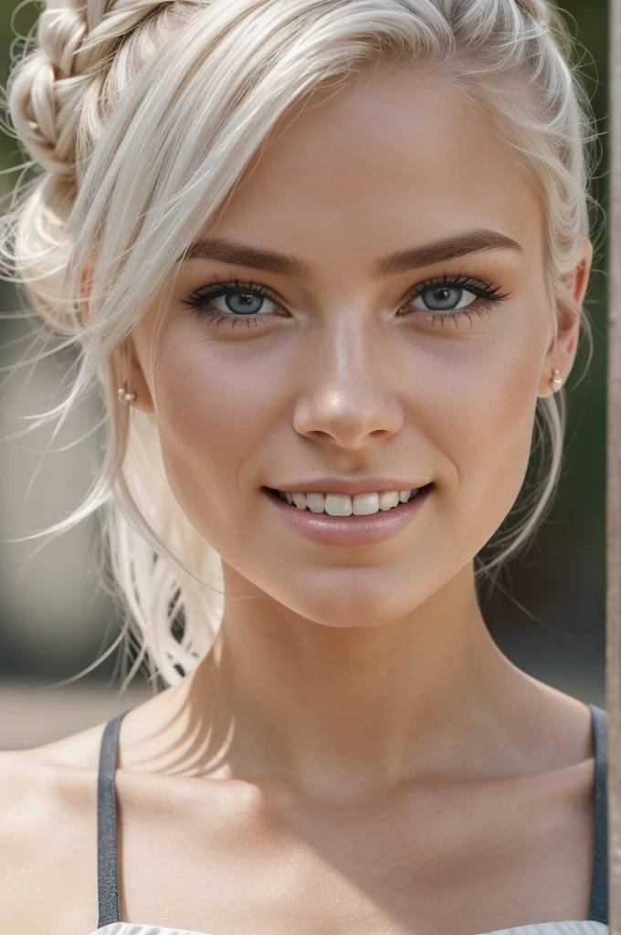 gorgeous, beautiful, 21 years old scandinavian, white hair in a bun, best portrait photo ever, men magazine portrait, beautiful smile, perfect teeth, seductive, flirty, face photo, best tourist attraction background, smiling, detailed skin, realistic, photo-realistic, 8k sharp focus, highly detailed, full length frame, High detail RAW color art, piercing, diffused soft lighting, shallow depth of field, sharp focus, hyperrealism, cinematic lighting