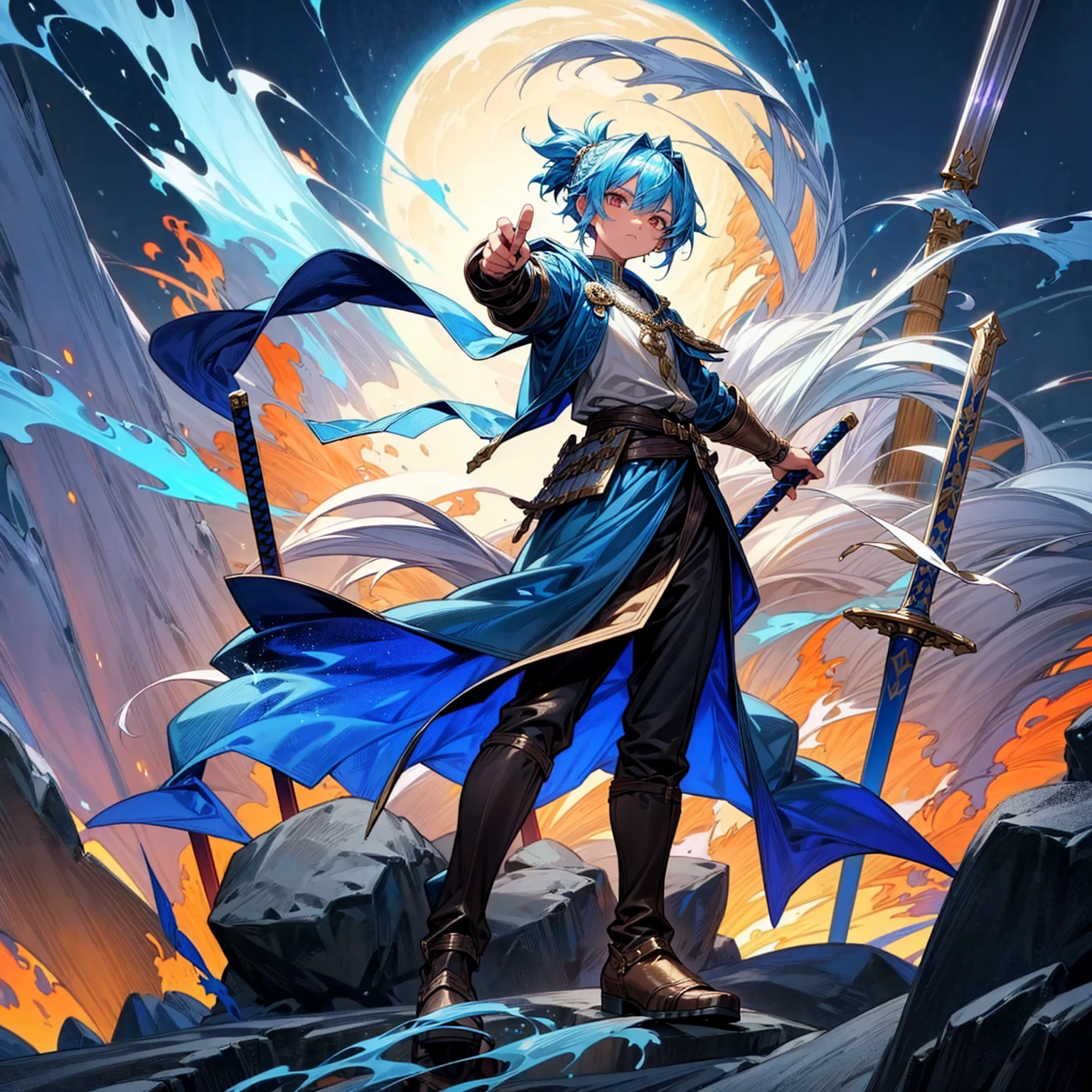 1little boy, Full body version, 1character, gold eyes color, Native skin, long cut hair, hooded eyes type, skyblue colour hair, medieval clothing style, orchid color clothing, Ancient roman boots, Gladius sword in hand, armor vest, Grassroots background in snow, motion blur, plasma, blue fire, lighting fire, lighting sword
