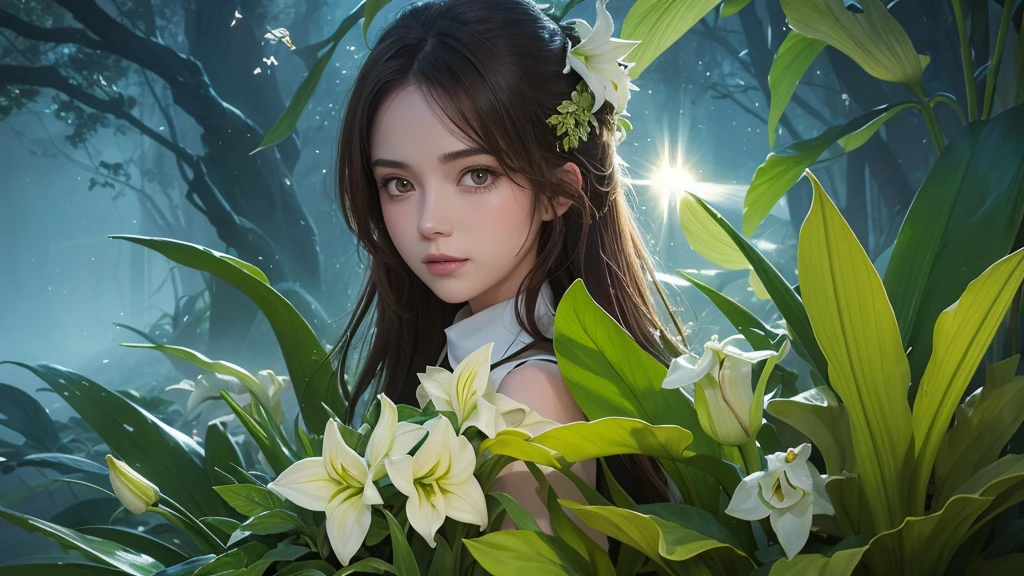 32k, Masterpiece, Highest quality, One girl, Brown Hair, Detailed eyes, flower,Amaryllis, Blue and green style,A dreamy, romantic piece,Pale yellow, Mysterious Leaves,A playful arrangement,Fantasy,High Contrast,Ink strokes,explosion,Exposure, Impression of blue and green tones,Abstract, Brush strokes,Negative Space, Tyndall effect