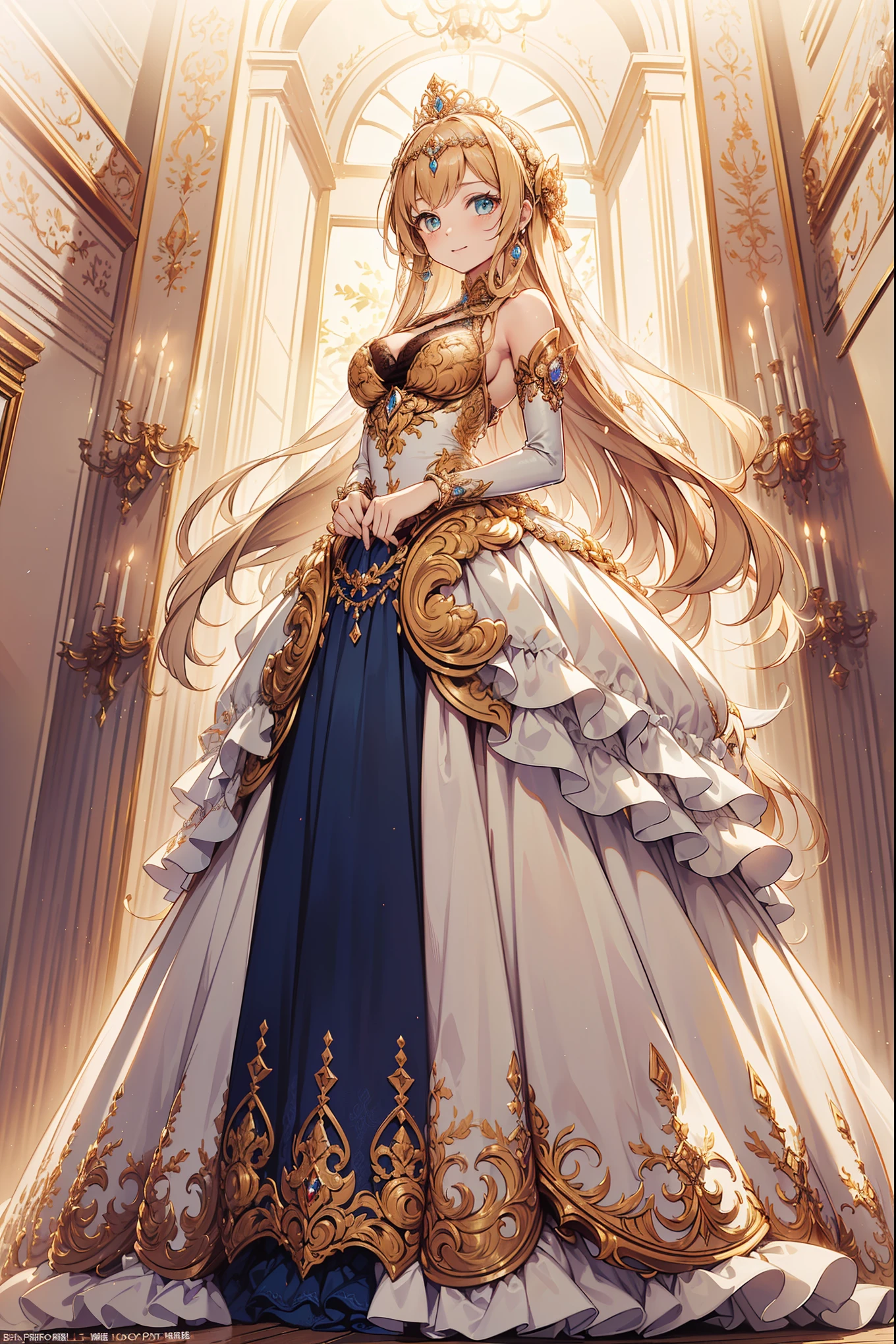 ((Anime art style)),(Masterpiece),(Best quality), (Super detail),((Very delicate and beautiful)),1 girl,((Full body portrait)),Stand at the Palace of Versailles,((Solo)),Digital art,(((1 princess in a gorgeous Rococo Princess ball dress,Wear yours with a voluminous full-length hoop skirt))),crinoline,((Beautiful embroidery and jewelry)),Plump frills,See-through,(Gorgeous embroidery and beautiful lace),((Plenty of straight hair,Extremely fluffy hair,Very long straight hair)),((finely detailed face and eyes)),Extremely gorgeous hair accessories,(Bling gemstones extremely gorgeous crowns),(Gorgeous gemstone jewelry,Sparkling gold),Long veil,(Beautiful background),full bodyesbian,((Gorgeous Rococo princess ball dress,Wide, full-length hoop skirt))