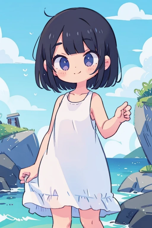 White Tank Top Dress。girl。smile。Black Hair。Bob。front。Seaside。