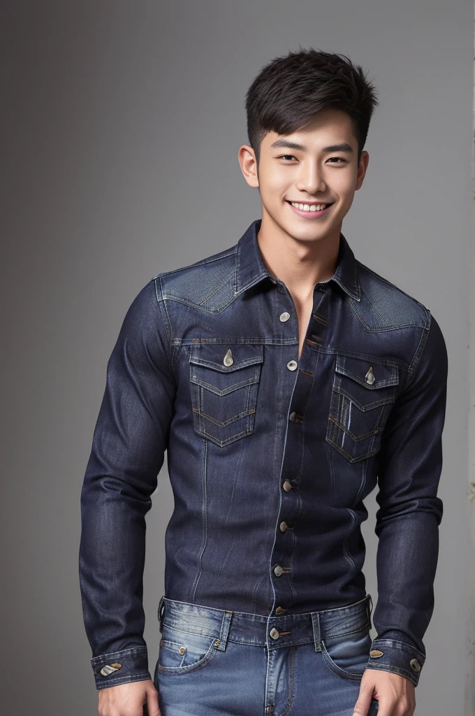 handsome man ,Age 20 , short hair, Korea , student,(((Wear a black long-sleeved denim shirt.......))), full body view,smile ,chest muscles, Big arm muscles, big muscles, Broad shoulders ,sportsperson , upper body (1), rain: 1.3, Gym: 1.2, body drenched: 1.1, cycling