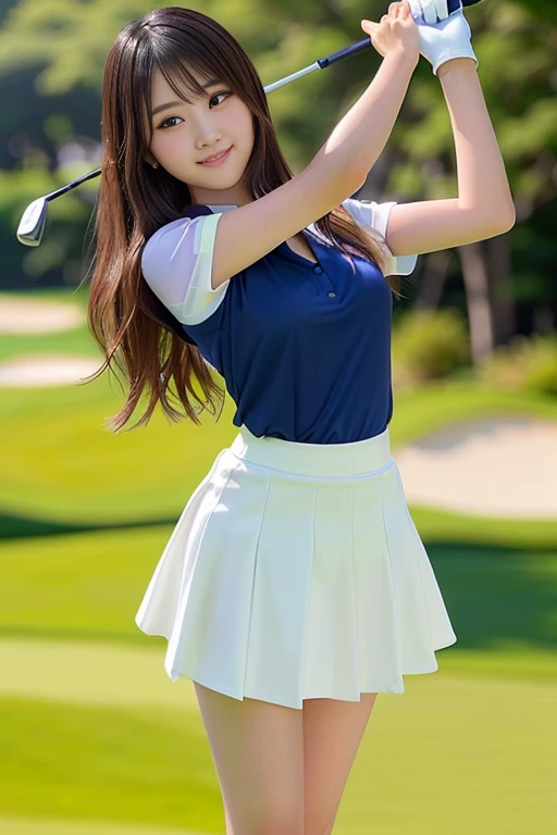 Photo-realistic quality、A 20-year-old Japanese idol playing golf in white golf wear and a navy blue skirt, girl weaまたg uniform,Photo of slim girl model, Japanese Model, Dressed in white, weaまたg black vest and skirt, Japanese Girls , Professional sports style, mini skirt, looking at the camera、Detailed and beautiful eyes、Cute smile、A soft and gentle look