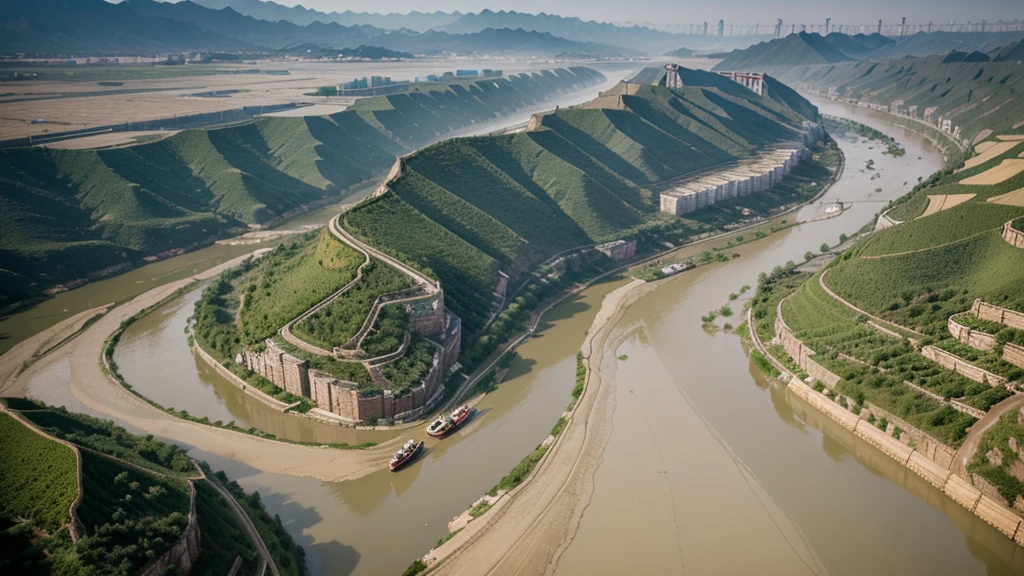Photo-realistic aerial view of the Huang He (Yellow River) and Yangtze River, with farmers working on fertile riverbanks, ancient villages dotting the landscape, and boats navigating the waters.
