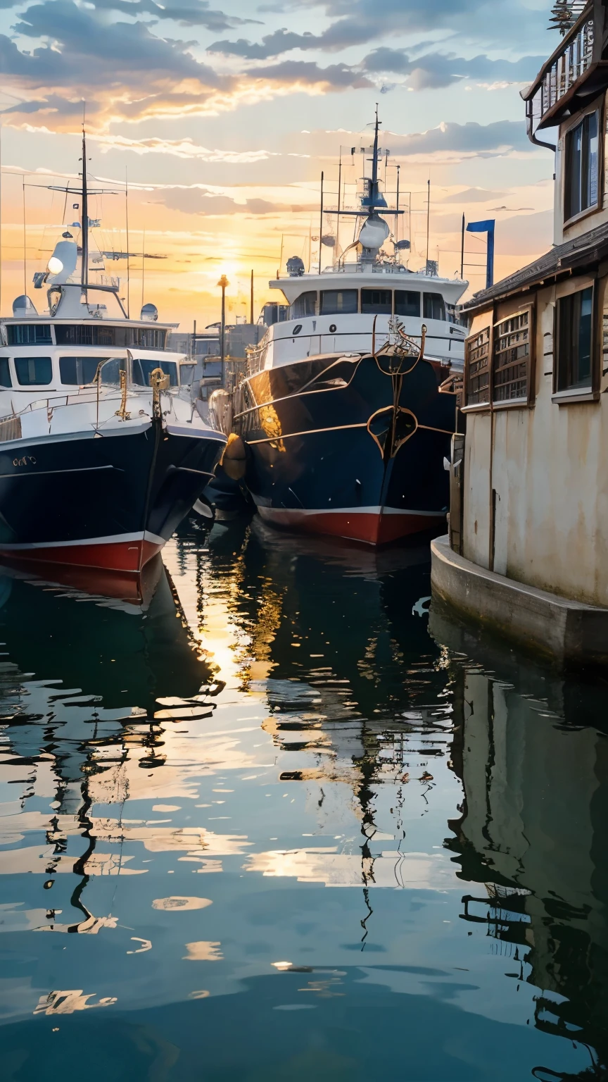 A breathtaking masterpiece showcases the enchanting beauty of a vibrant port scene. A multitude of boats gracefully rest upon the shimmering water, mirroring the radiant sun and spectacular sky above. The golden sunbeams glisten on the water's surface, forming an expansive, picture-perfect tableau. The meticulously crafted ships exhibit exquisite details, their intricate paintwork enhancing their striking presence against the harbor backdrop. The harmonious blend of the perfect reflection, charming background, and masterful artistry in creating this wallpaper results in a truly mesmerizing scene.
