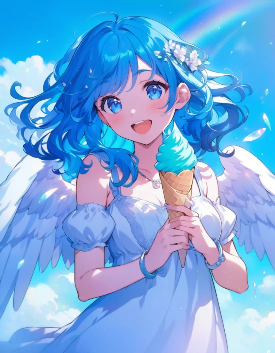 Busty woman with blue hair holding an ice cream cone in front of a rainbow, of an beautiful、High quality anime art style, Detailed fan art, Official artwork