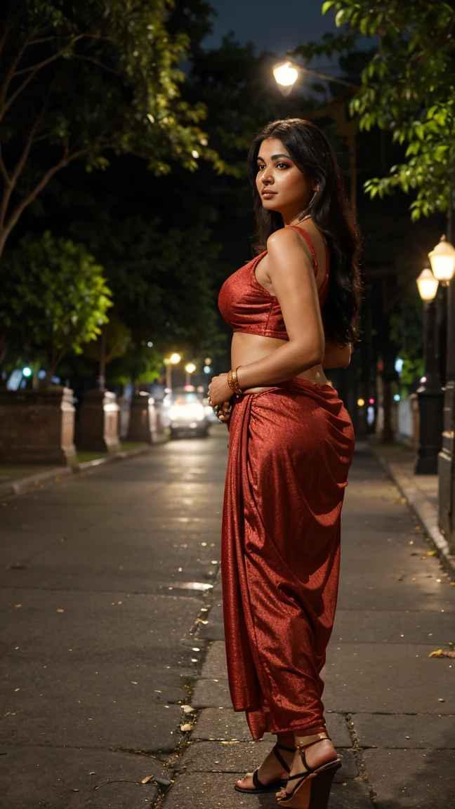 Create a high-resolution image of a confident, voluptuous 48-year-old chubby fat woman from Kerala standing in an evening park. She has black long hair and is wearing a red  sleeveless saree with a deep neckline, accentuating her 36B cleavage, which should be prominently visible. She is also wearing that reveal her navel. She is accessorized with gold jewelry and sandals. The image should capture her in a slightly side pose to highlight her curves, including her ass. The park is lit with warm streetlights, and the background is slightly blurred to emphasize the woman as the focal point. The setting is a park at night, with the image focused mainly on the woman to ensure all specified details are clearly visible.