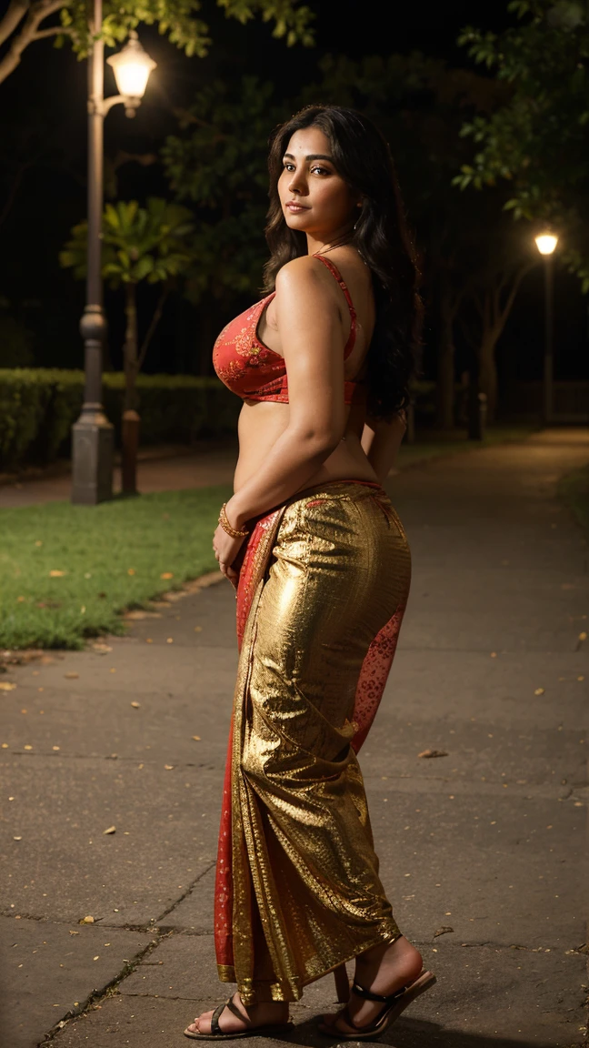 Create a high-resolution image of a confident, voluptuous 48-year-old chubby fat woman from Kerala standing in an evening park. She has black long hair and is wearing a red sleeveless saree with a deep neckline, accentuating her 36B cleavage, which should be prominently visible. She is also wearing that reveal her navel. She is accessorized with gold jewelry and sandals. The image should capture her in a slightly side pose to highlight her curves, including her ass. The park is lit with warm streetlights, and the background is slightly blurred to emphasize the woman as the focal point. The setting is a park at night, with the image focused mainly on the woman to ensure all specified details are clearly visible.